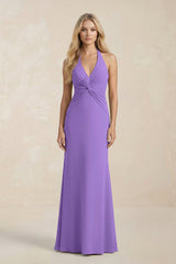 Ruched V - Neck Sheath Bridesmaid Dress With Bow in Lilac - KissProm Bridesmaid Dresses