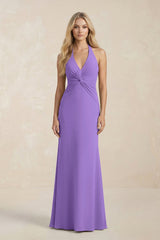 Ruched V - Neck Sheath Bridesmaid Dress With Bow in Lilac - KissProm Bridesmaid Dresses