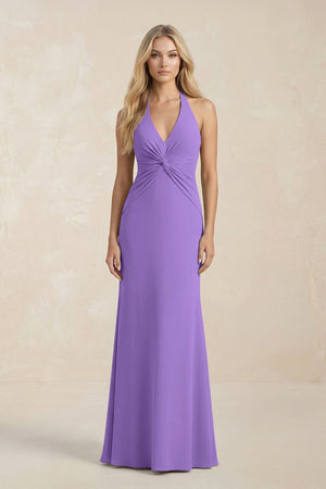 Ruched V - Neck Sheath Bridesmaid Dress With Bow in Lilac - KissProm Bridesmaid Dresses