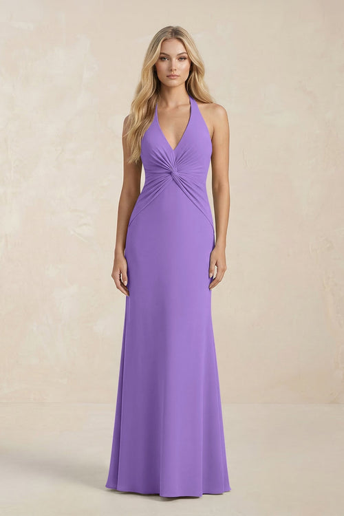 Ruched V - Neck Sheath Bridesmaid Dress With Bow in Lilac - KissProm Bridesmaid Dresses