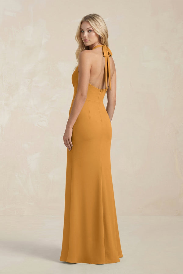 Ruched V - Neck Sheath Bridesmaid Dress With Bow in Marigold - KissProm Bridesmaid Dresses