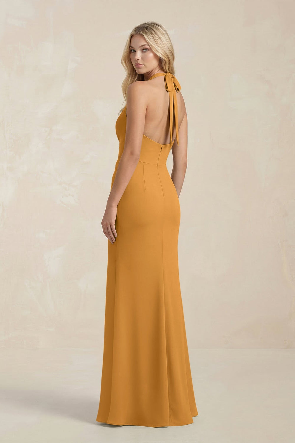 Ruched V - Neck Sheath Bridesmaid Dress With Bow in Marigold - KissProm Bridesmaid Dresses