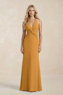 Ruched V - Neck Sheath Bridesmaid Dress With Bow in Marigold - KissProm Bridesmaid Dresses