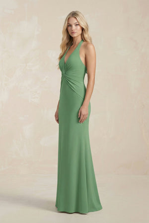 Ruched V - Neck Sheath Bridesmaid Dress With Bow in Matcha - KissProm Bridesmaid Dresses