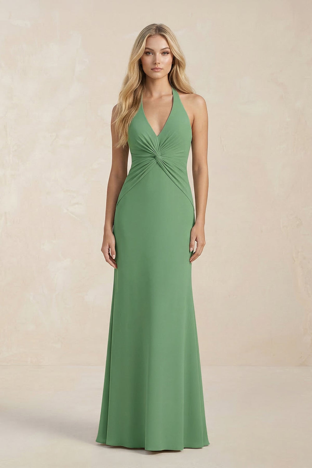 Ruched V - Neck Sheath Bridesmaid Dress With Bow in Matcha - KissProm Bridesmaid Dresses