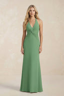Ruched V - Neck Sheath Bridesmaid Dress With Bow in Matcha - KissProm Bridesmaid Dresses
