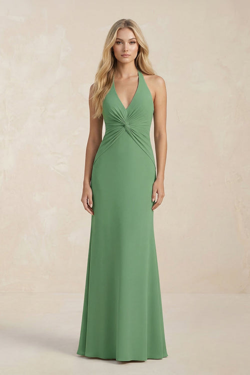 Ruched V - Neck Sheath Bridesmaid Dress With Bow in Matcha - KissProm Bridesmaid Dresses