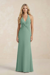Ruched V - Neck Sheath Bridesmaid Dress With Bow in Mint Green - KissProm Bridesmaid Dresses