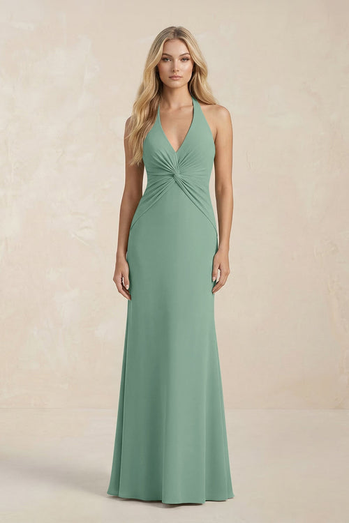 Ruched V - Neck Sheath Bridesmaid Dress With Bow in Mint Green - KissProm Bridesmaid Dresses