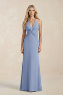 Ruched V - Neck Sheath Bridesmaid Dress With Bow in Mist - KissProm Bridesmaid Dresses