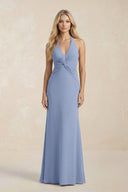 Ruched V - Neck Sheath Bridesmaid Dress With Bow in Mist - KissProm Bridesmaid Dresses