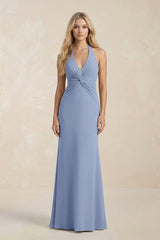 Ruched V - Neck Sheath Bridesmaid Dress With Bow in Mist - KissProm Bridesmaid Dresses