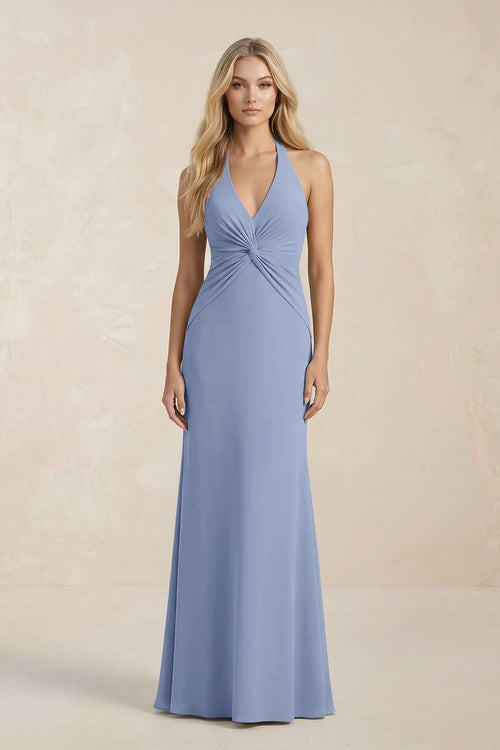 Ruched V - Neck Sheath Bridesmaid Dress With Bow in Mist - KissProm Bridesmaid Dresses