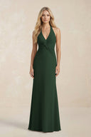 Ruched V - Neck Sheath Bridesmaid Dress With Bow in Moss - KissProm Bridesmaid Dresses