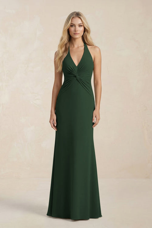 Ruched V - Neck Sheath Bridesmaid Dress With Bow in Moss - KissProm Bridesmaid Dresses
