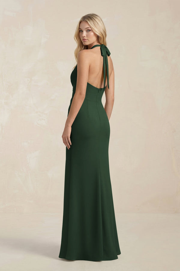 Ruched V - Neck Sheath Bridesmaid Dress With Bow in Moss - KissProm Bridesmaid Dresses