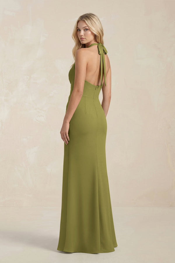 Ruched V - Neck Sheath Bridesmaid Dress With Bow in Moss Green - KissProm Bridesmaid Dresses