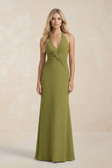 Ruched V - Neck Sheath Bridesmaid Dress With Bow in Moss Green - KissProm Bridesmaid Dresses