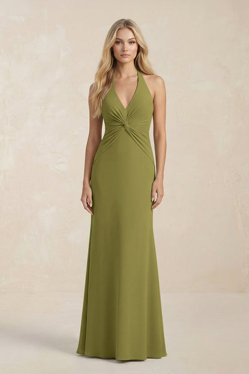 Ruched V - Neck Sheath Bridesmaid Dress With Bow in Moss Green - KissProm Bridesmaid Dresses