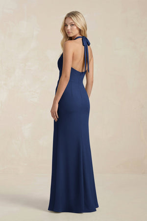 Ruched V - Neck Sheath Bridesmaid Dress With Bow in Navy - KissProm Bridesmaid Dresses