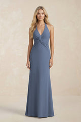 Ruched V - Neck Sheath Bridesmaid Dress With Bow in Neptune - KissProm Bridesmaid Dresses