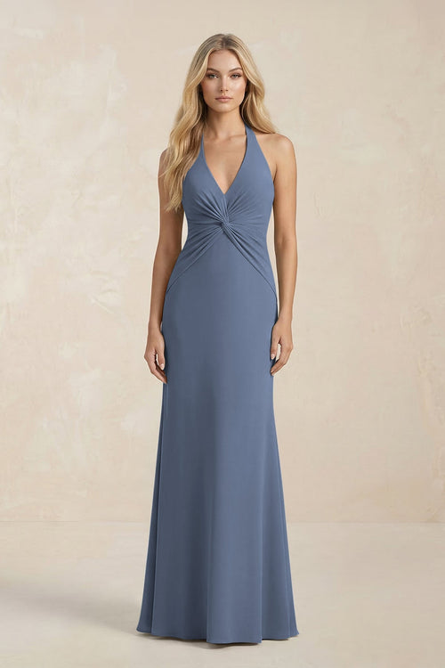 Ruched V - Neck Sheath Bridesmaid Dress With Bow in Neptune - KissProm Bridesmaid Dresses
