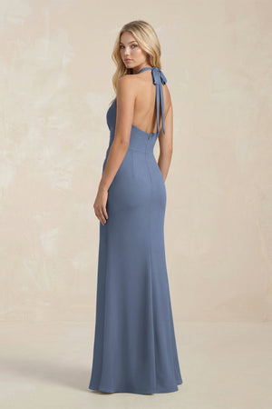 Ruched V - Neck Sheath Bridesmaid Dress With Bow in Neptune - KissProm Bridesmaid Dresses