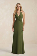 Ruched V - Neck Sheath Bridesmaid Dress With Bow in Olive - KissProm Bridesmaid Dresses