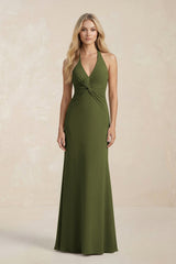 Ruched V - Neck Sheath Bridesmaid Dress With Bow in Olive - KissProm Bridesmaid Dresses