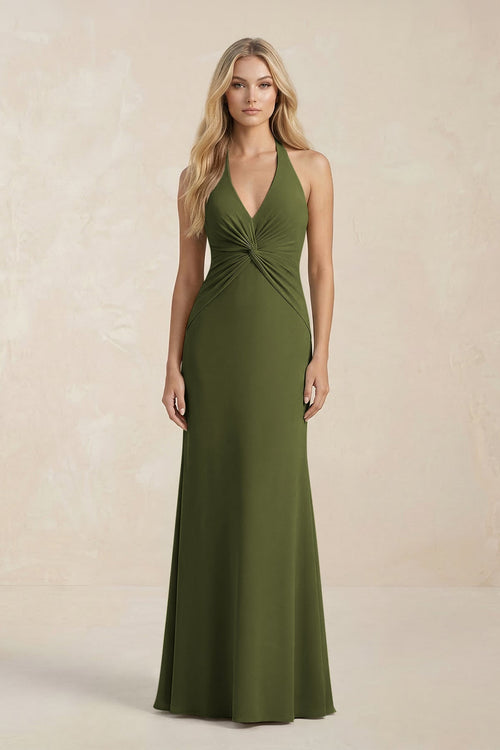 Ruched V - Neck Sheath Bridesmaid Dress With Bow in Olive - KissProm Bridesmaid Dresses