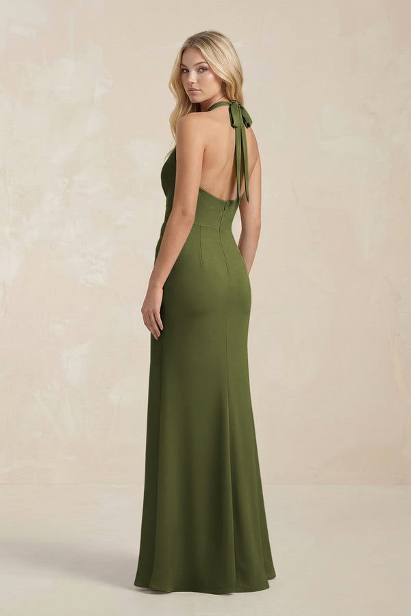 Ruched V - Neck Sheath Bridesmaid Dress With Bow in Olive - KissProm Bridesmaid Dresses
