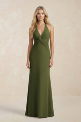 Ruched V - Neck Sheath Bridesmaid Dress With Bow in Olive - KissProm Bridesmaid Dresses