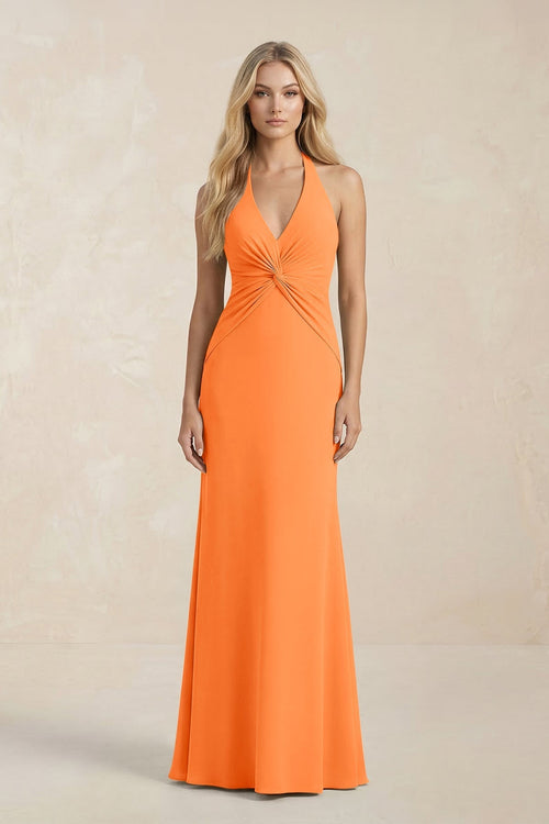 Ruched V - Neck Sheath Bridesmaid Dress With Bow in Orange - KissProm Bridesmaid Dresses