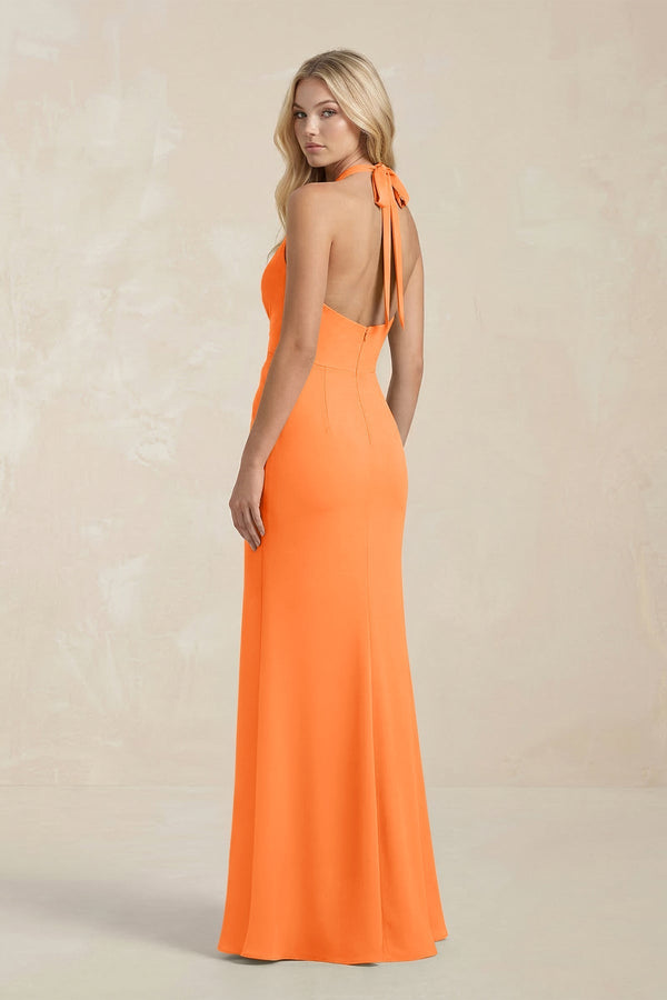 Ruched V - Neck Sheath Bridesmaid Dress With Bow in Orange - KissProm Bridesmaid Dresses