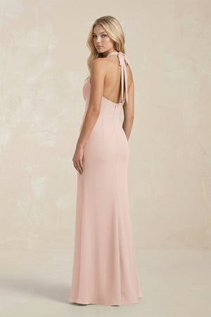 Ruched V - Neck Sheath Bridesmaid Dress With Bow in Pale Blush - KissProm Bridesmaid Dresses