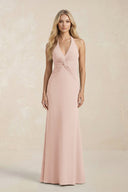 Ruched V - Neck Sheath Bridesmaid Dress With Bow in Pale Blush - KissProm Bridesmaid Dresses
