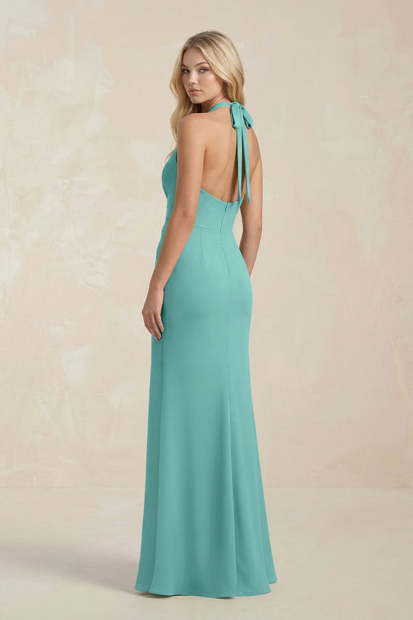 Ruched V - Neck Sheath Bridesmaid Dress With Bow in Pale Pistachio - KissProm Bridesmaid Dresses