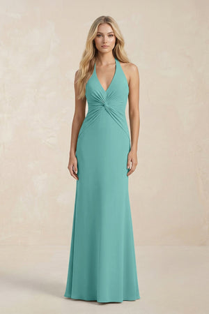 Ruched V - Neck Sheath Bridesmaid Dress With Bow in Pale Pistachio - KissProm Bridesmaid Dresses