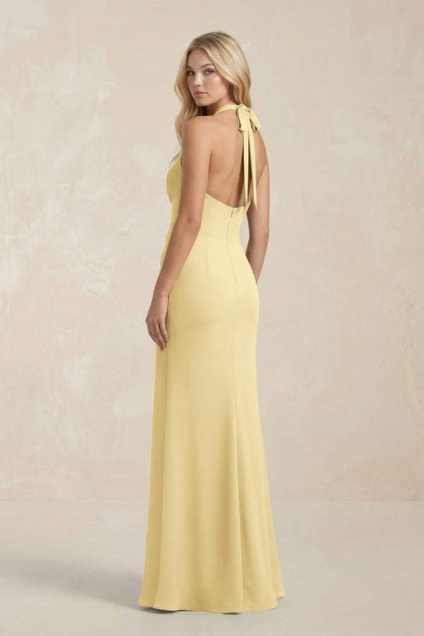 Ruched V - Neck Sheath Bridesmaid Dress With Bow in Pastel Yellow - KissProm Bridesmaid Dresses