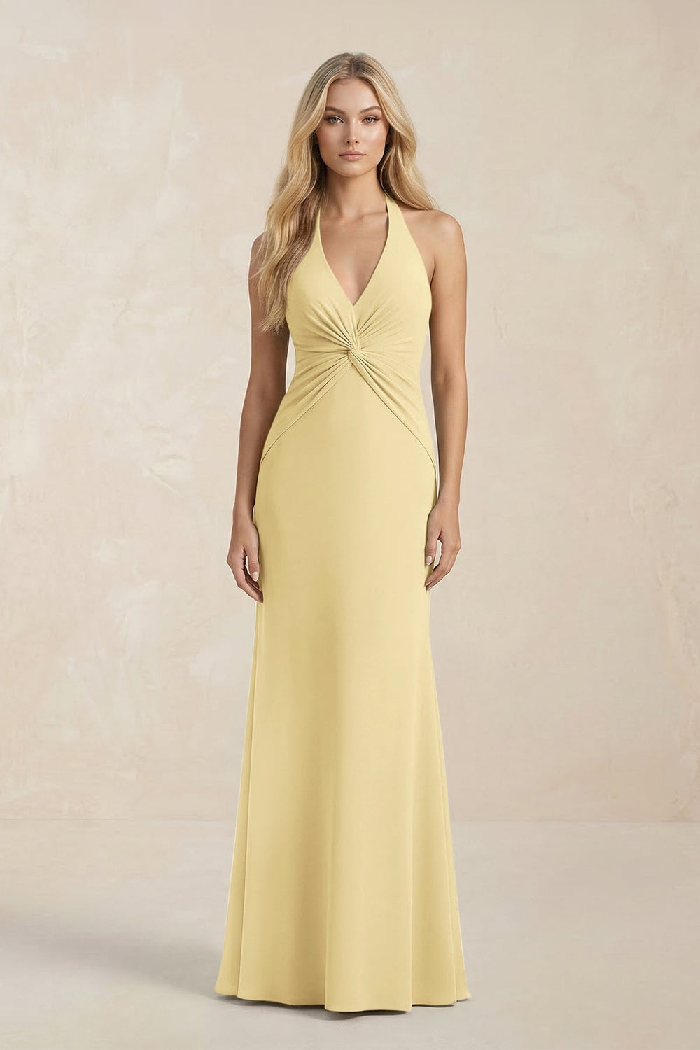 Ruched V - Neck Sheath Bridesmaid Dress With Bow in Pastel Yellow - KissProm Bridesmaid Dresses