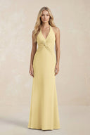 Ruched V - Neck Sheath Bridesmaid Dress With Bow in Pastel Yellow - KissProm Bridesmaid Dresses
