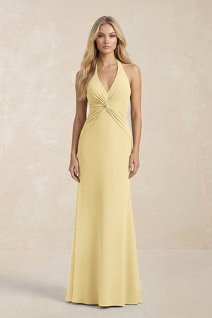 Ruched V - Neck Sheath Bridesmaid Dress With Bow in Pastel Yellow - KissProm Bridesmaid Dresses