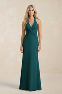 Ruched V - Neck Sheath Bridesmaid Dress With Bow in Pine - KissProm Bridesmaid Dresses