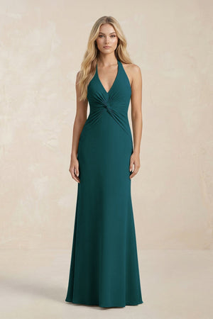 Ruched V - Neck Sheath Bridesmaid Dress With Bow in Pine - KissProm Bridesmaid Dresses