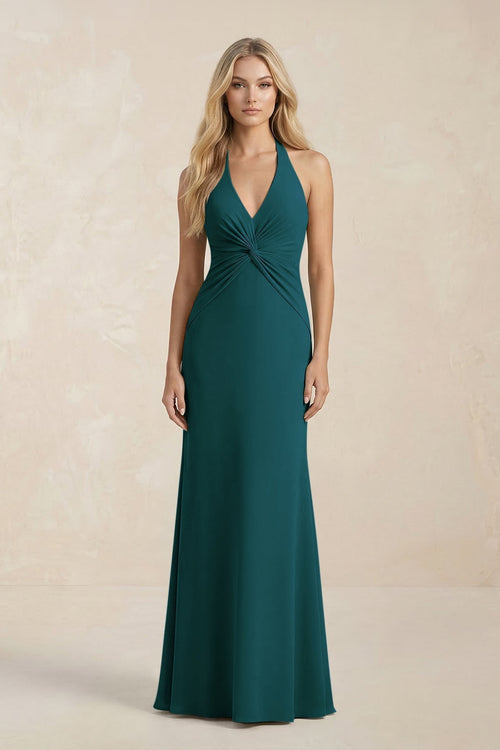 Ruched V - Neck Sheath Bridesmaid Dress With Bow in Pine - KissProm Bridesmaid Dresses