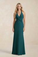 Ruched V - Neck Sheath Bridesmaid Dress With Bow in Pine - KissProm Bridesmaid Dresses