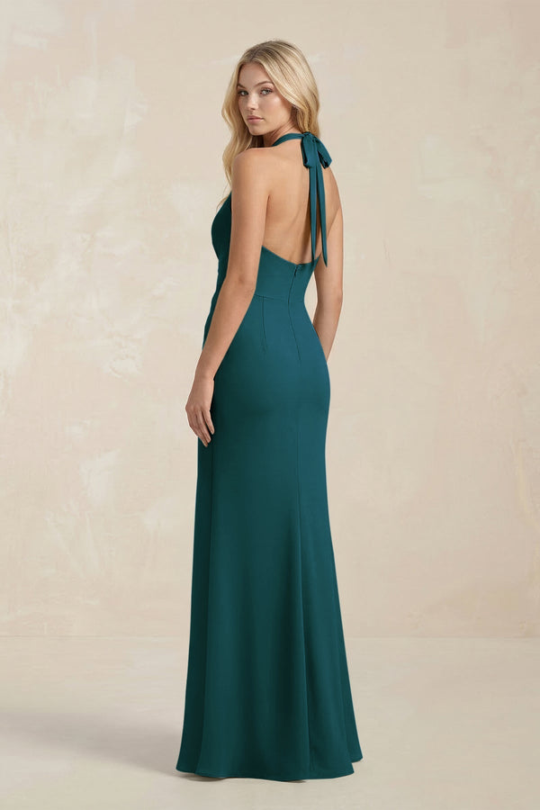 Ruched V - Neck Sheath Bridesmaid Dress With Bow in Pine - KissProm Bridesmaid Dresses