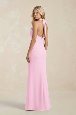 Ruched V - Neck Sheath Bridesmaid Dress With Bow in Pink - KissProm Bridesmaid Dresses