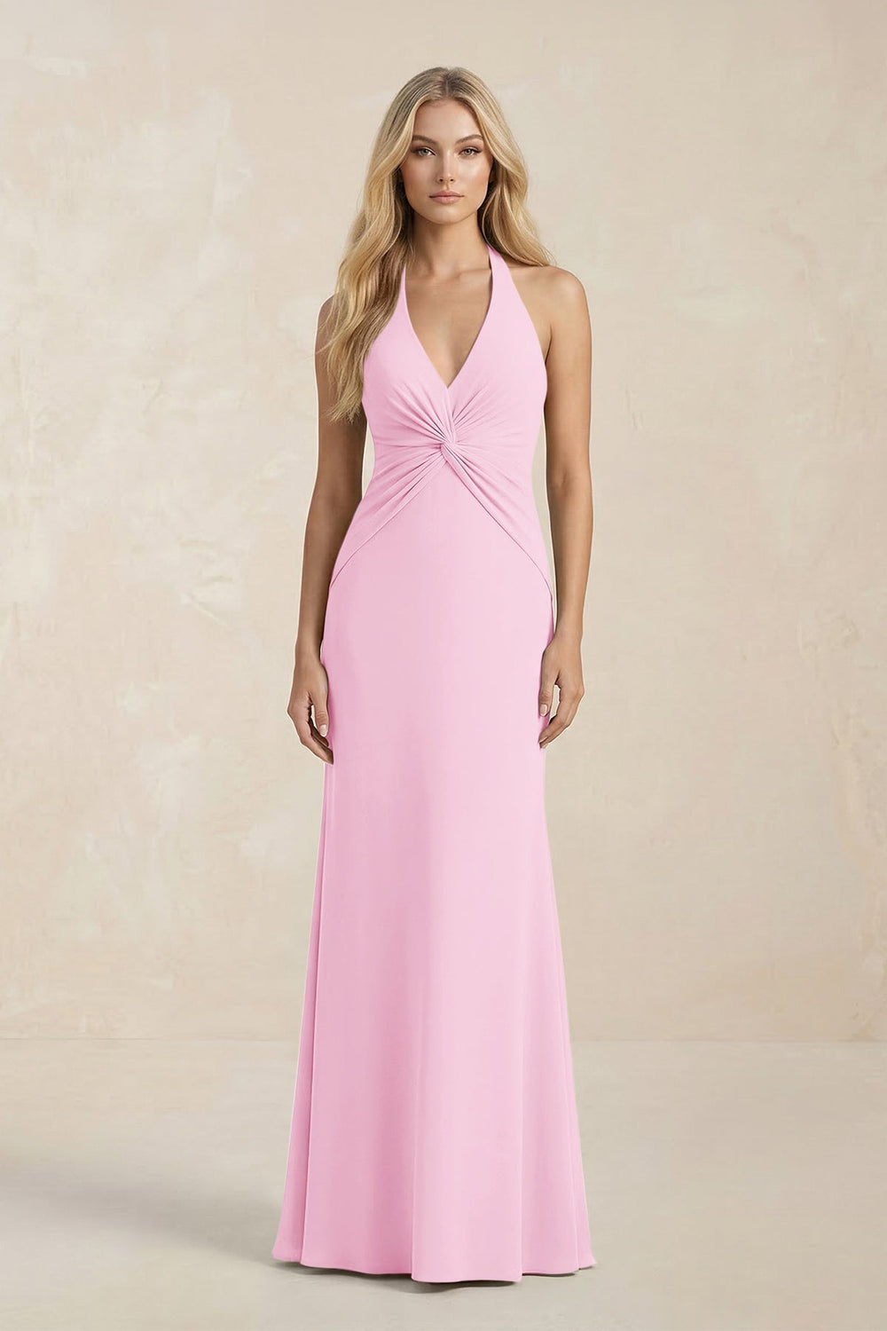 Ruched V - Neck Sheath Bridesmaid Dress With Bow in Pink - KissProm Bridesmaid Dresses