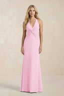 Ruched V - Neck Sheath Bridesmaid Dress With Bow in Pink - KissProm Bridesmaid Dresses